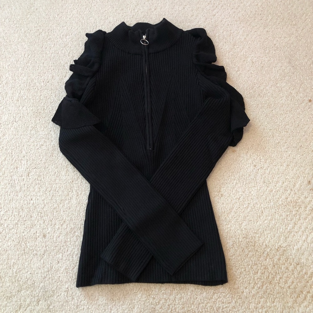 Half Zip Cold Shoulder with Ruffle Sweater - Picture 3 of 3